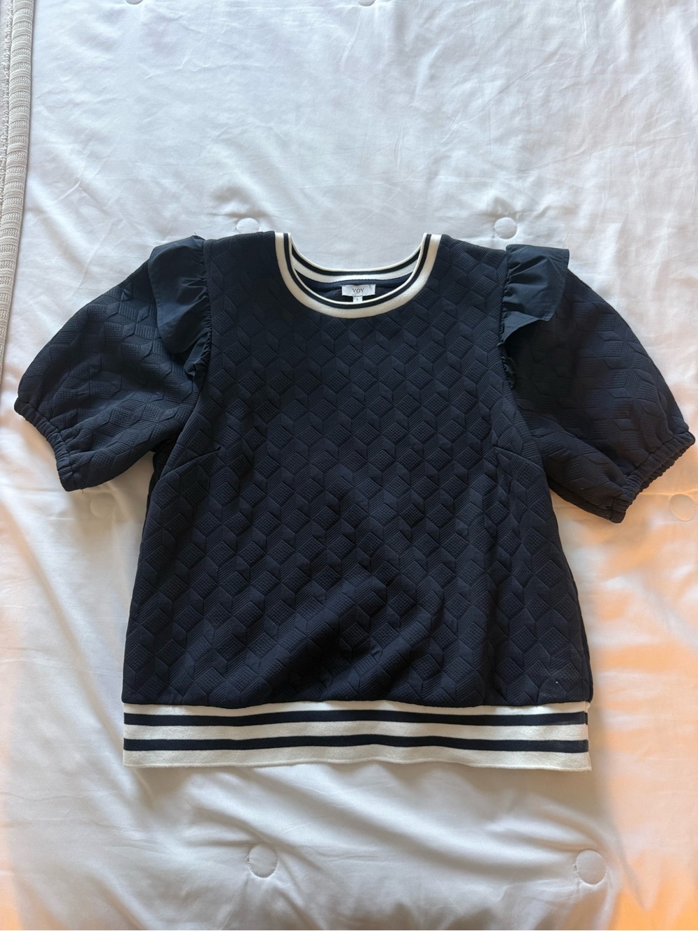 Navy Quilted Puff-Sleeve Top with Stripe Trim